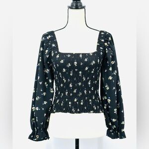 Vero Moda Black Floral Ellie Smocked Cropped Top with Long Puff Sleeves NWT
